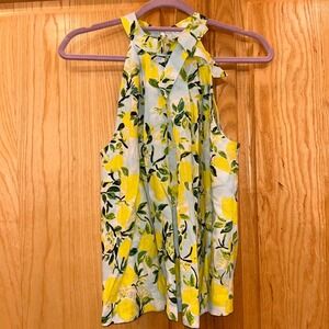 Lemon Print Sleeveless Halter Top Bow Neck Linen Blend Summer Cute Blouse XS